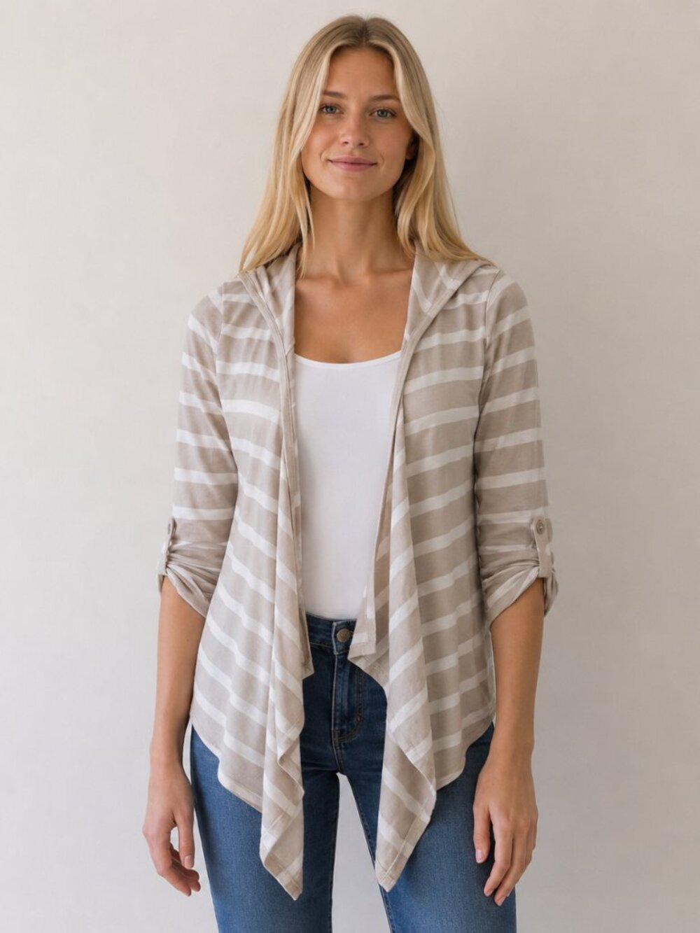 Loft Open Striped Waterfall Lightweight Open Cardigan Hoodie M
